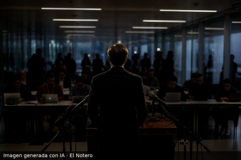 Sala de prensa con periodistas de espaldas y un funcionario hablando de espaldas al atril, con cámaras y micrófonos en primer plano.