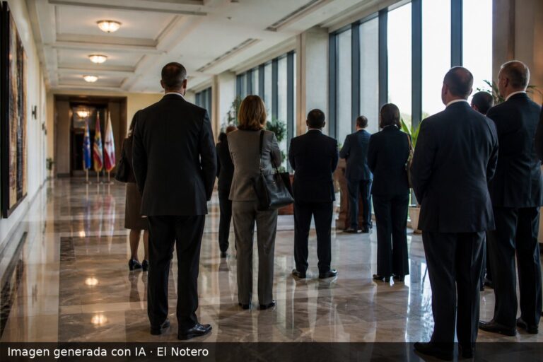 Un grupo de diplomáticos y asesores vistos de espaldas en un pasillo institucional, junto a un atril y con luz natural entrando por una ventana.