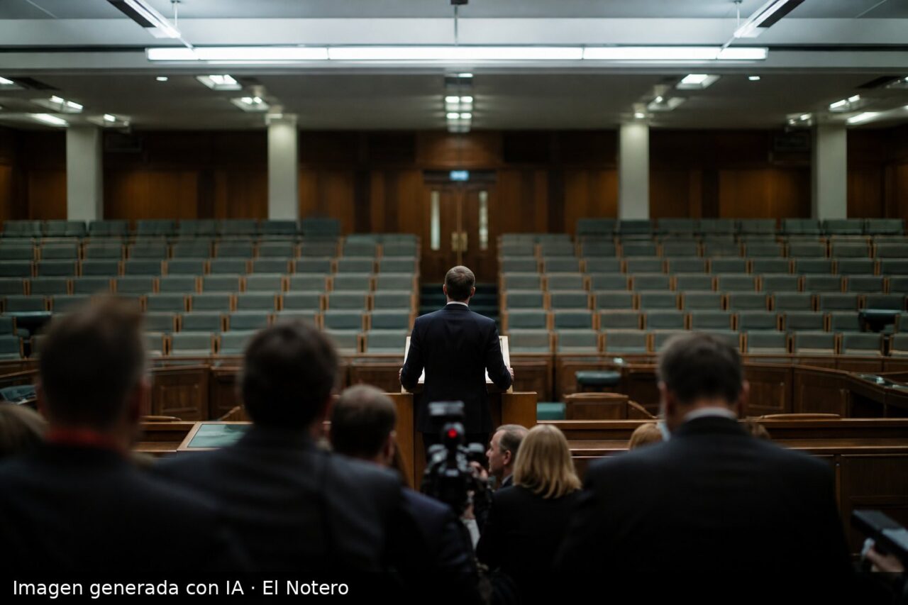 Vista desde atrás de una sala legislativa con una persona en un atril, filas de bancas vacías y algunas siluetas desenfocadas en primer plano.