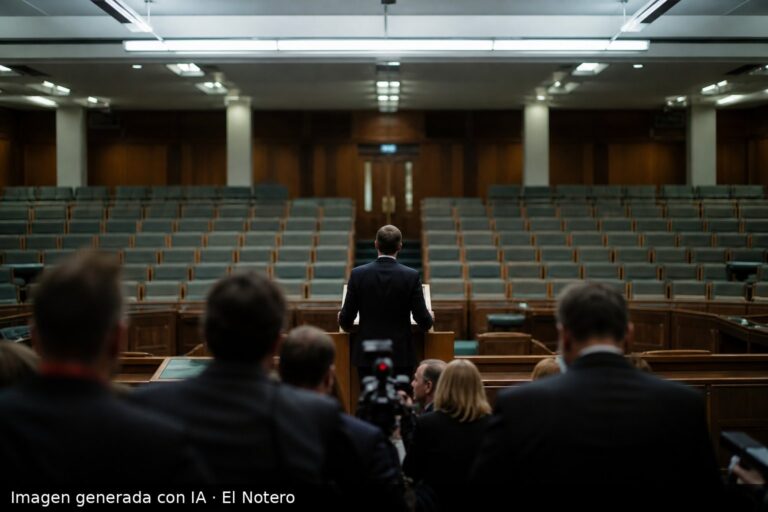 Vista desde atrás de una sala legislativa con una persona en un atril, filas de bancas vacías y algunas siluetas desenfocadas en primer plano.