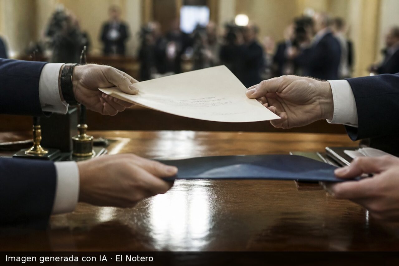 Primer plano de un escritorio oficial con manos anónimas intercambiando un decreto firmado y una carpeta, con una sala de gobierno desenfocada al fondo.