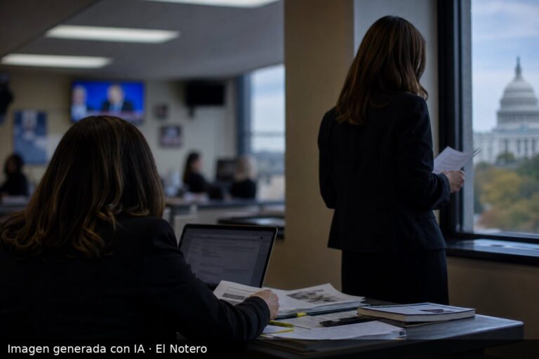 Dos mujeres anónimas en un entorno periodístico, una sentada ante una computadora y otra de pie revisando papeles, sin rostros visibles.