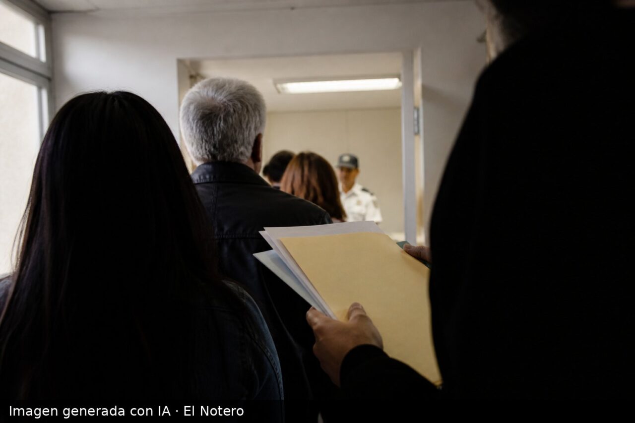 Un grupo de familiares de detenidos entrega carpetas a funcionarios en un pasillo institucional, con las caras fuera de cuadro y luz de oficina.