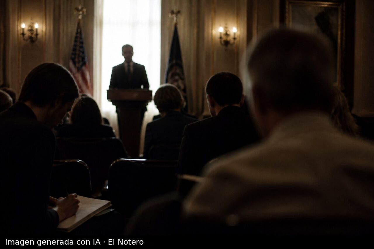Sala de prensa vista desde el fondo, con una figura anónima de espaldas en un atril y asistentes desenfocados tomando notas.