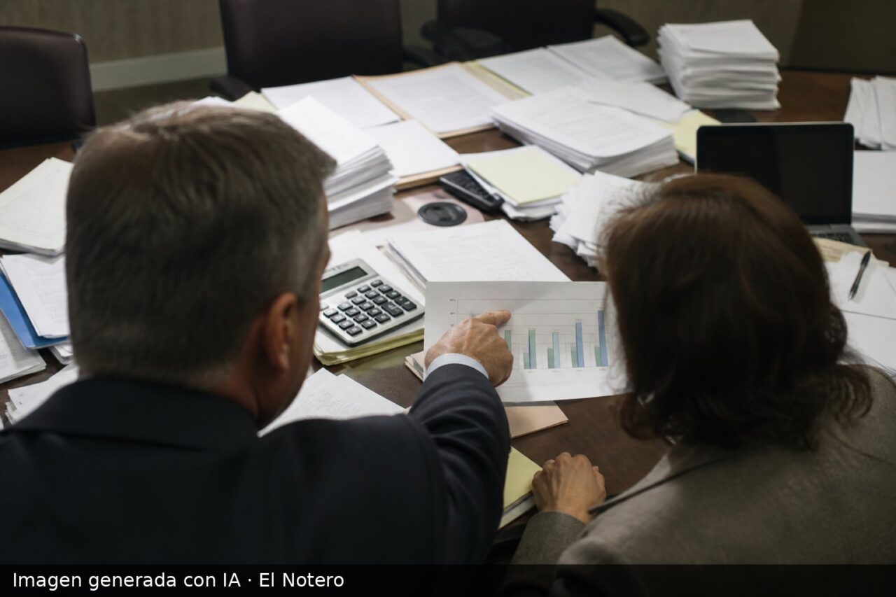 Dos funcionarios municipales anónimos vistos de espaldas revisan carpetas, planillas y una calculadora sobre una mesa de trabajo.
