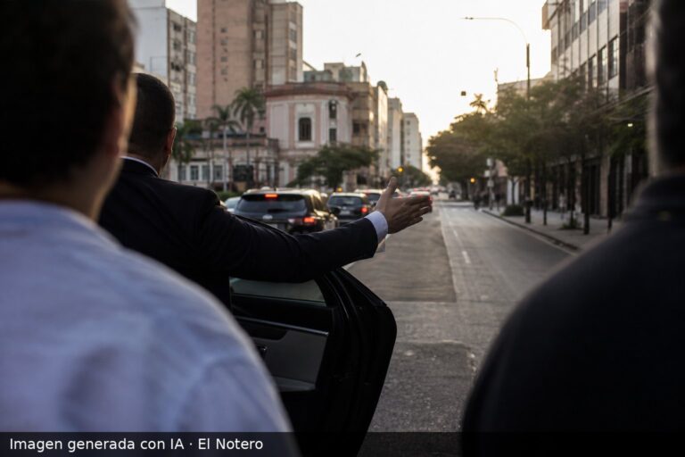 Una caravana de campaña vista desde atrás en una calle de Asunción, con varias personas desenfocadas y una figura recortada al hombro junto a un auto.