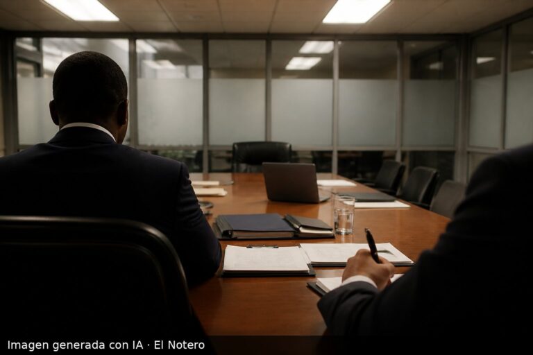 Reunión institucional en una sala de conferencias, con funcionarios anónimos alrededor de una mesa, carpetas y luces frías de oficina.