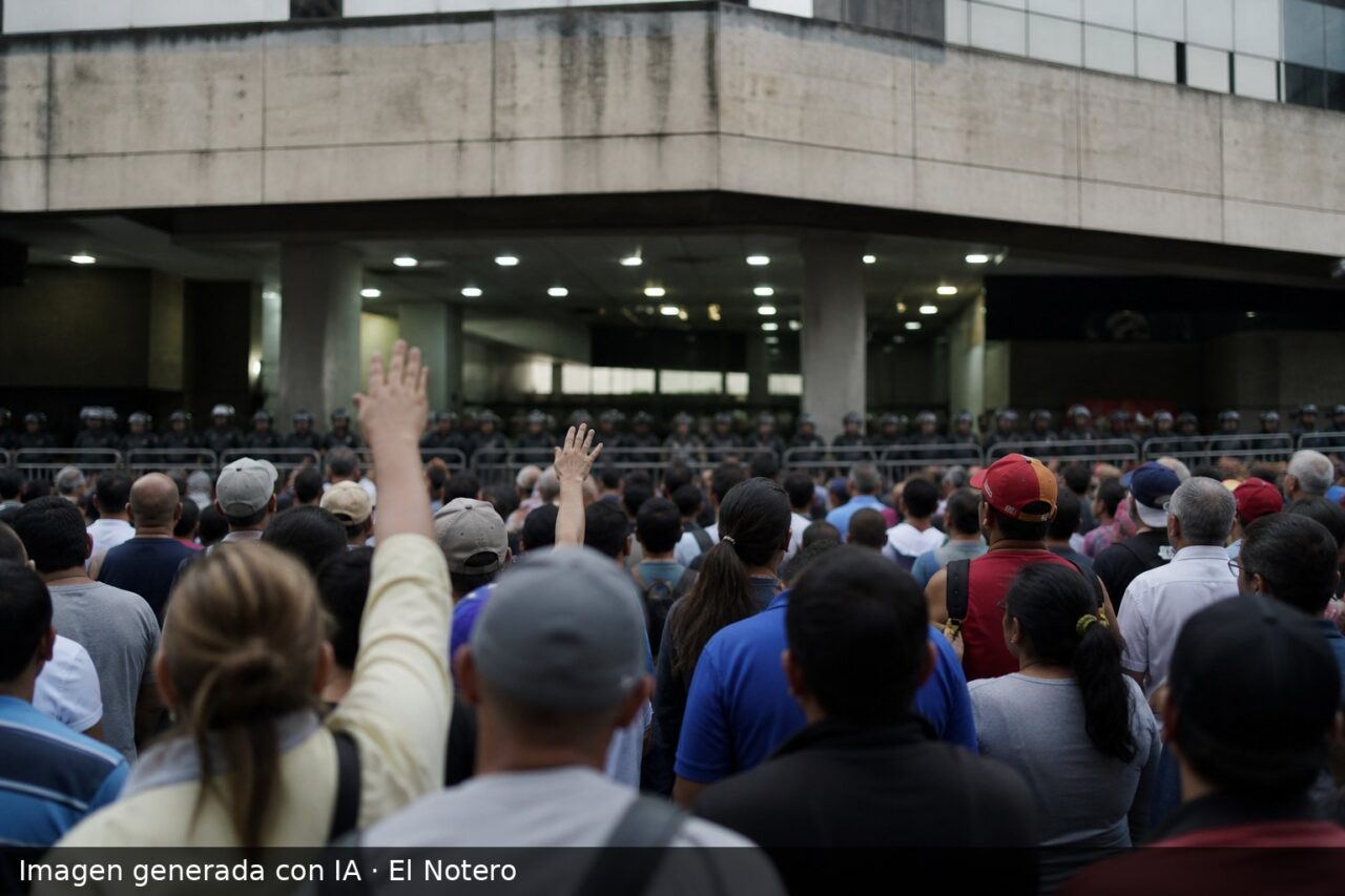 Una multitud de manifestantes reunida frente a un edificio electoral en Caracas, vista de espaldas y a distancia, con vallas y acceso iluminado al fondo.