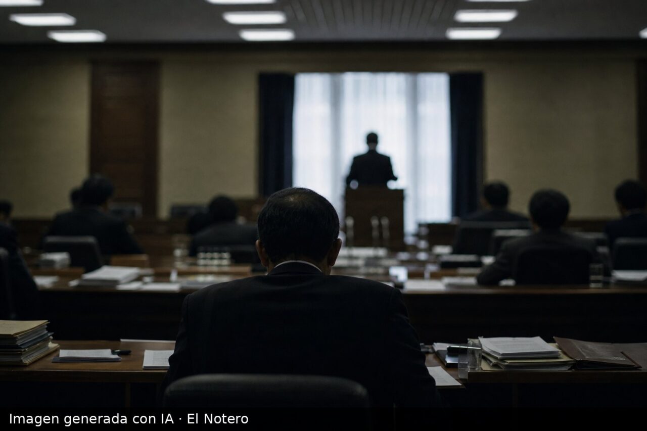 Sala de comisión legislativa vista desde el fondo, con legisladores anónimos sentados alrededor de una mesa larga, carpetas y papeles sobre la mesa y una figura en silueta junto a un atril.