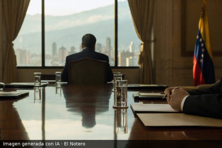 Sala de negociación política en Caracas con delegados anónimos alrededor de una mesa, figuras de espaldas y manos sobre carpetas, iluminada por la luz de la tarde.
