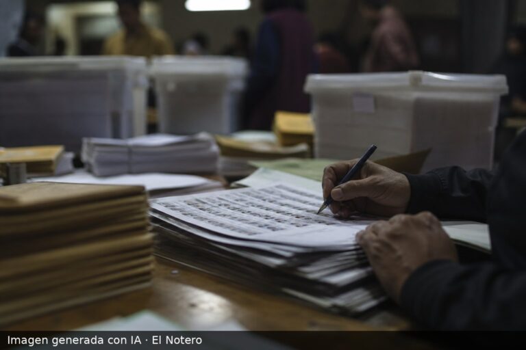 Primer plano de manos anónimas revisando papeles y planillas electorales sobre un escritorio, con cajas y sobres de votación desenfocados al fondo dentro de una oficina electoral.