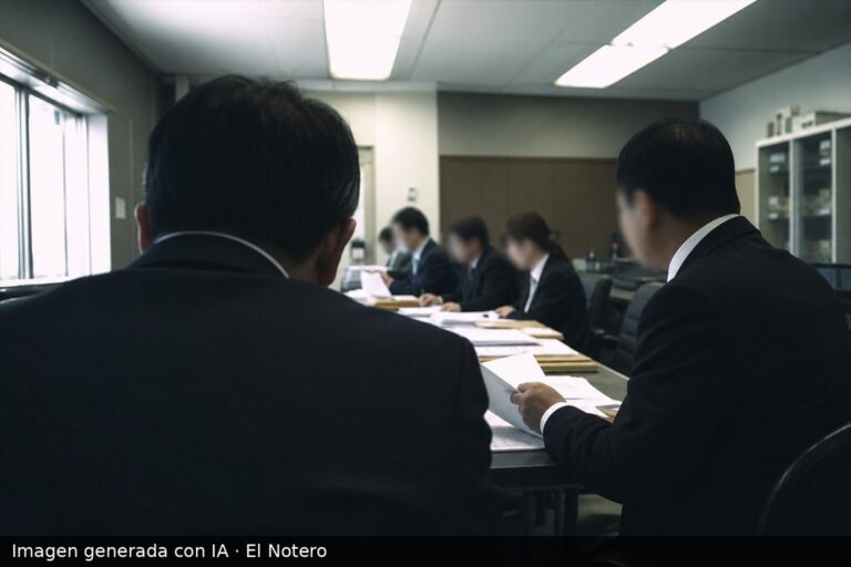 Interior de una oficina electoral con funcionarios anónimos revisando reglamentos y carpetas sobre una mesa, en un clima tenso y formal.