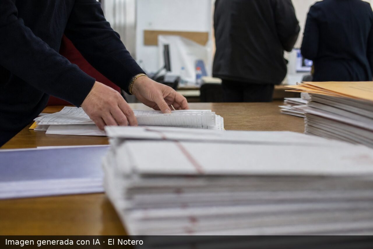 Primer plano de manos anónimas revisando papeles electorales sobre un escritorio, con sobres y carpetas desenfocados al fondo en una oficina iluminada con tubos fluorescentes.