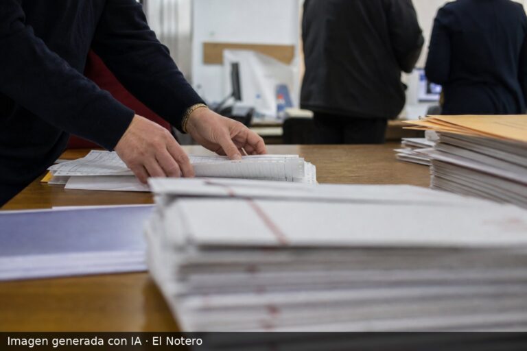 Primer plano de manos anónimas revisando papeles electorales sobre un escritorio, con sobres y carpetas desenfocados al fondo en una oficina iluminada con tubos fluorescentes.
