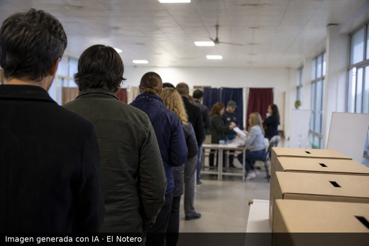 Interior de un local de votación con personas haciendo fila de espaldas, mesas de autoridad electoral y urnas de cartón, en una escena documental sin rostros visibles.