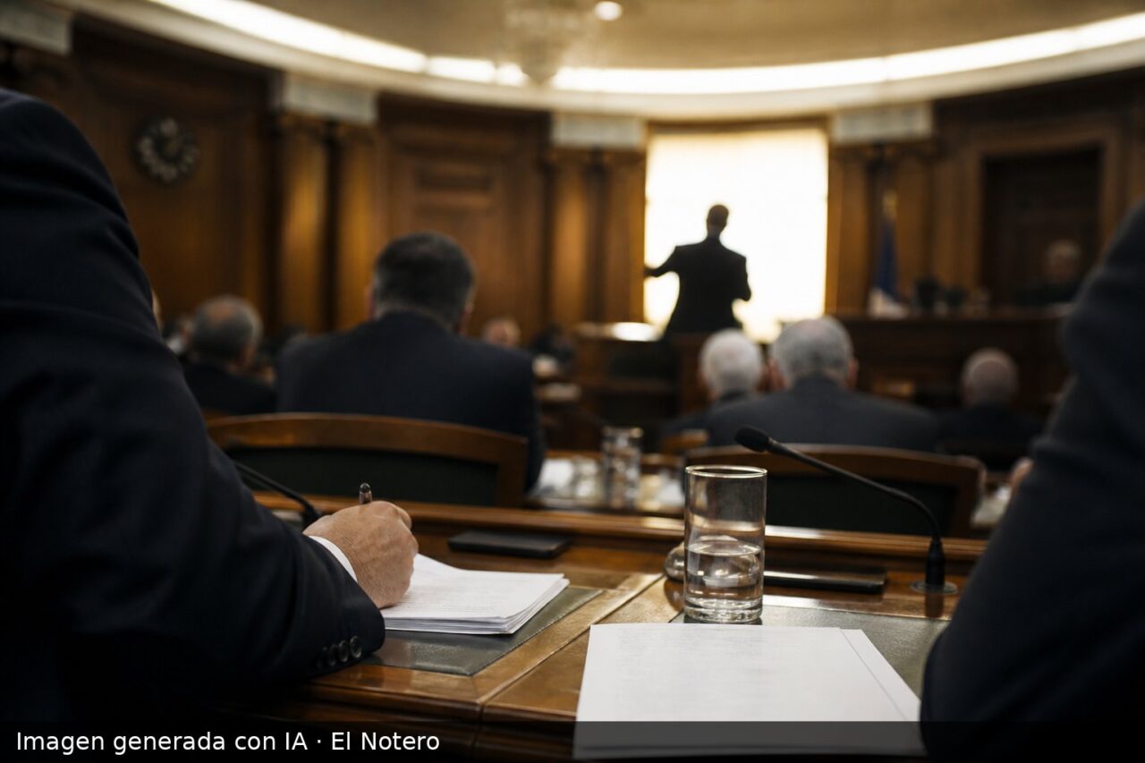Plano cercano de legisladores anónimos alrededor de una mesa parlamentaria, con papeles y vasos de agua, y una figura de espaldas hablando al fondo del recinto.