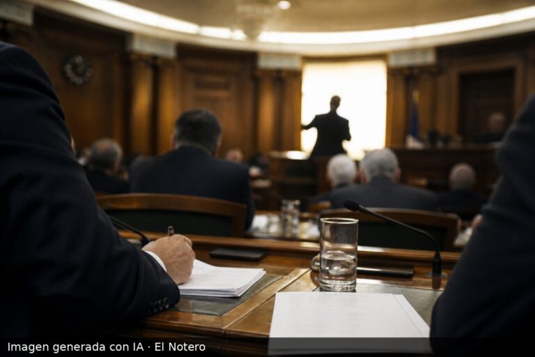 Plano cercano de legisladores anónimos alrededor de una mesa parlamentaria, con papeles y vasos de agua, y una figura de espaldas hablando al fondo del recinto.