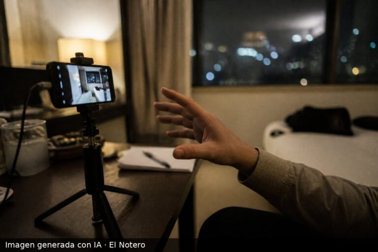 Una videollamada en vivo interrumpida en una habitación de hotel, con un celular sobre trípode y una mano moviéndose hacia él.