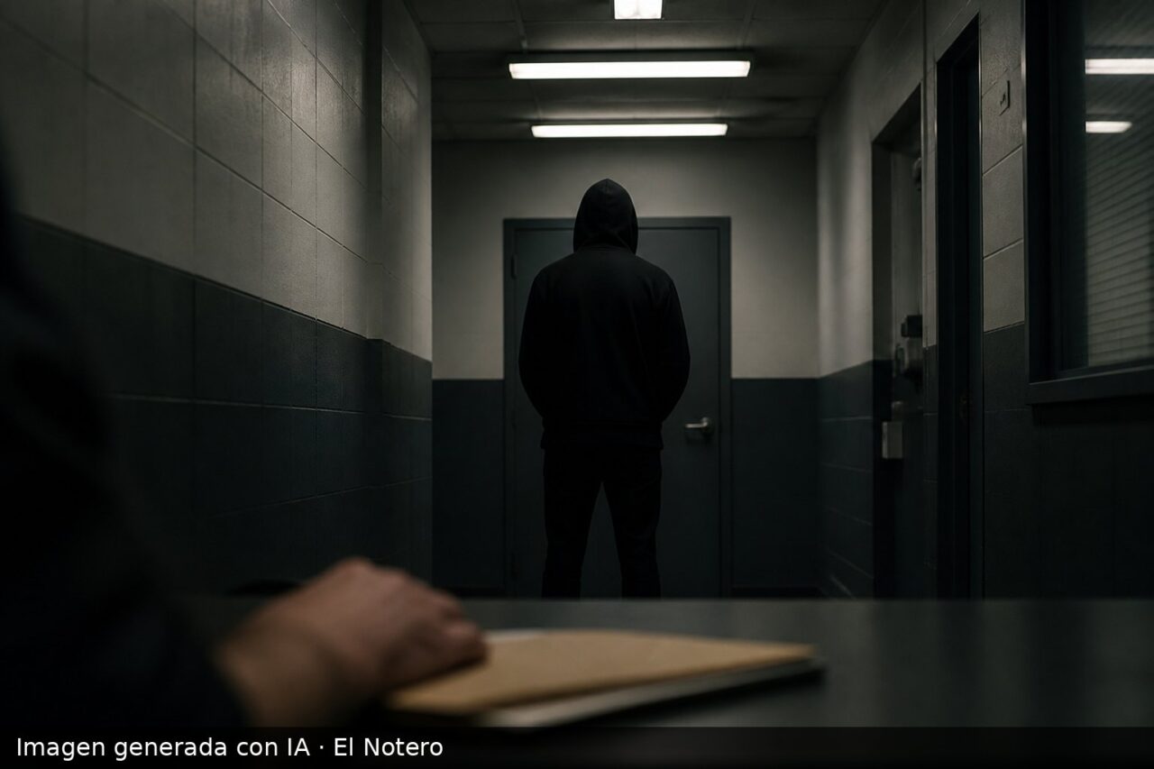Un pasillo institucional en penumbra con una persona de espaldas junto a una puerta cerrada y una mano apoyada sobre un expediente en primer plano.