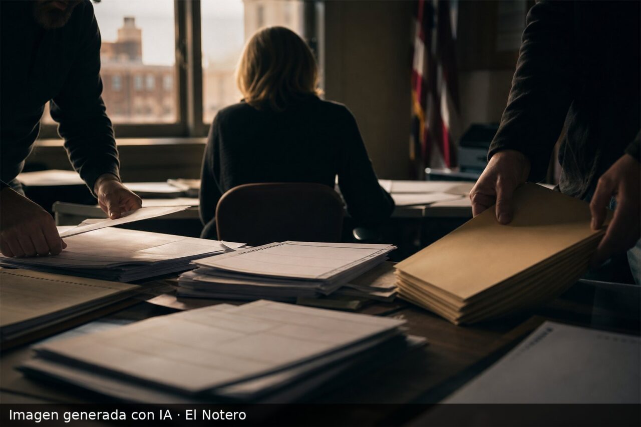 Personas anónimas revisan papeles y formularios electorales en una oficina, vistas de espaldas y con rostros fuera de cuadro.