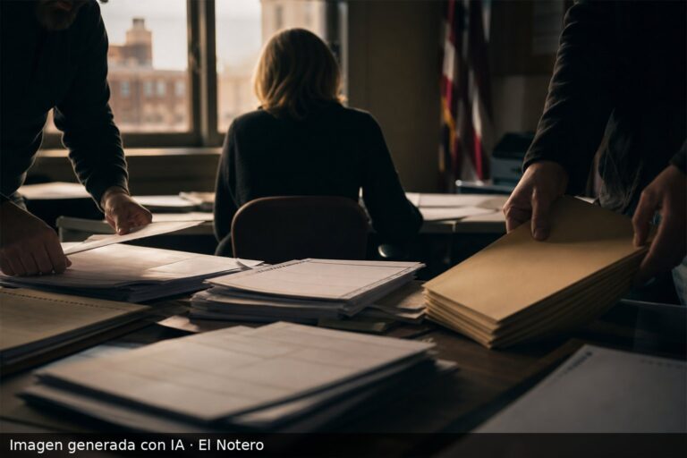 Personas anónimas revisan papeles y formularios electorales en una oficina, vistas de espaldas y con rostros fuera de cuadro.