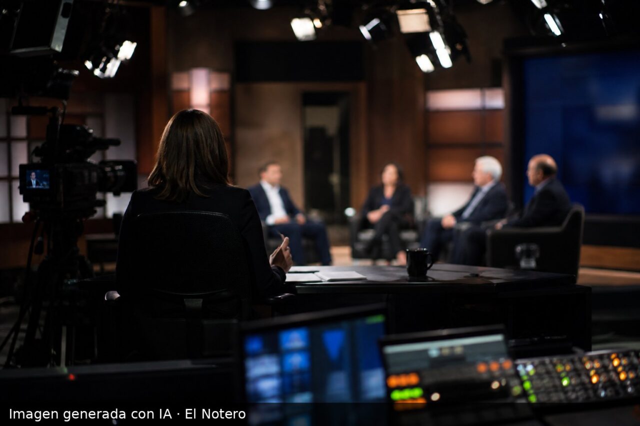 Un estudio de televisión con una mesa de debate, panelistas de espaldas o desenfocados y luces de estudio.