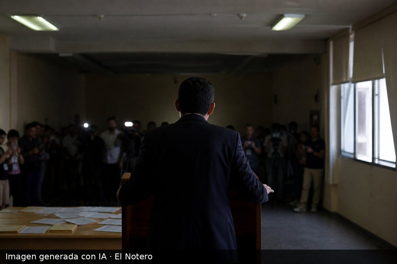 Interior de noche electoral con una figura de espaldas en un atril, gente desenfocada alrededor y papeles sobre una mesa, sin rostros visibles.