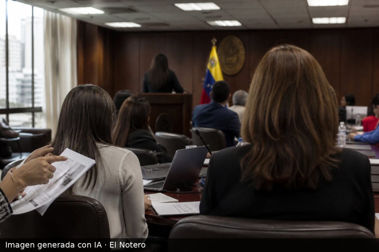 Sala de reunión vista desde atrás, con varias personas sentadas alrededor de una mesa y una figura de pie en un atril, todo en tono documental y sin rostros visibles.