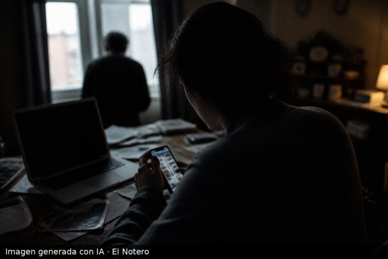 Una persona de espaldas usando el celular en una mesa con papeles y una laptop, con otra figura desenfocada al fondo y luz natural tenue.