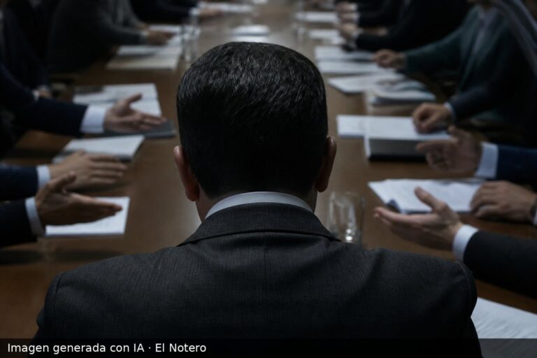 Una reunión tensa en una sala con dirigentes anónimos alrededor de una mesa, con papeles dispersos y una figura de espaldas al frente.