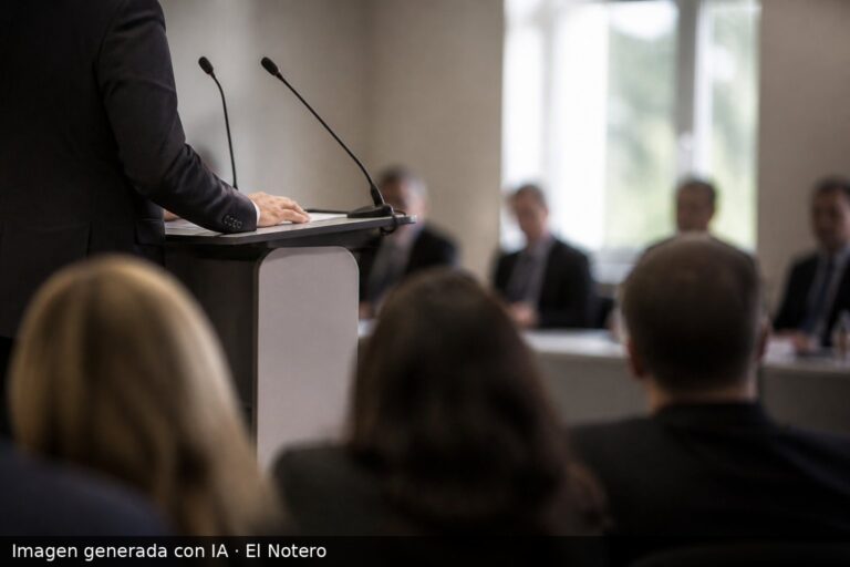 Escena de conferencia en una sede partidaria, con un dirigente de espaldas en un atril y otras personas desenfocadas al fondo, sin rostros visibles.