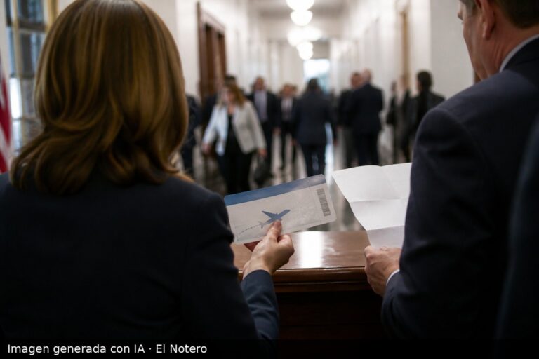 En un pasillo del Congreso, dos legisladores de espaldas sostienen un pasaje simbólico y un papel sobre una mesa, con el resto del personal desenfocado al fondo.