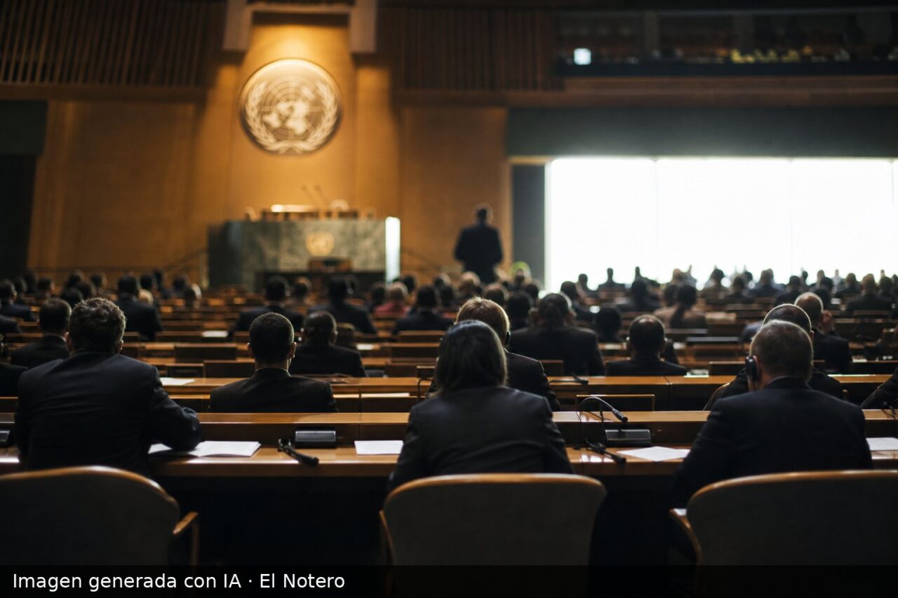 Sala de la ONU vista desde el fondo, con delegados sentados de espaldas frente a un atril iluminado y papeles sobre las mesas.