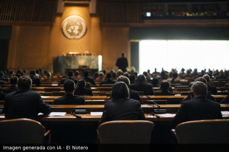 Sala de la ONU vista desde el fondo, con delegados sentados de espaldas frente a un atril iluminado y papeles sobre las mesas.