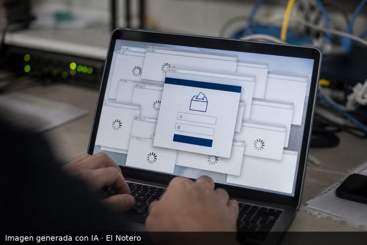 Un primer plano de una computadora con una plataforma de voto digital bloqueada por múltiples ventanas y manos anónimas frente al teclado.