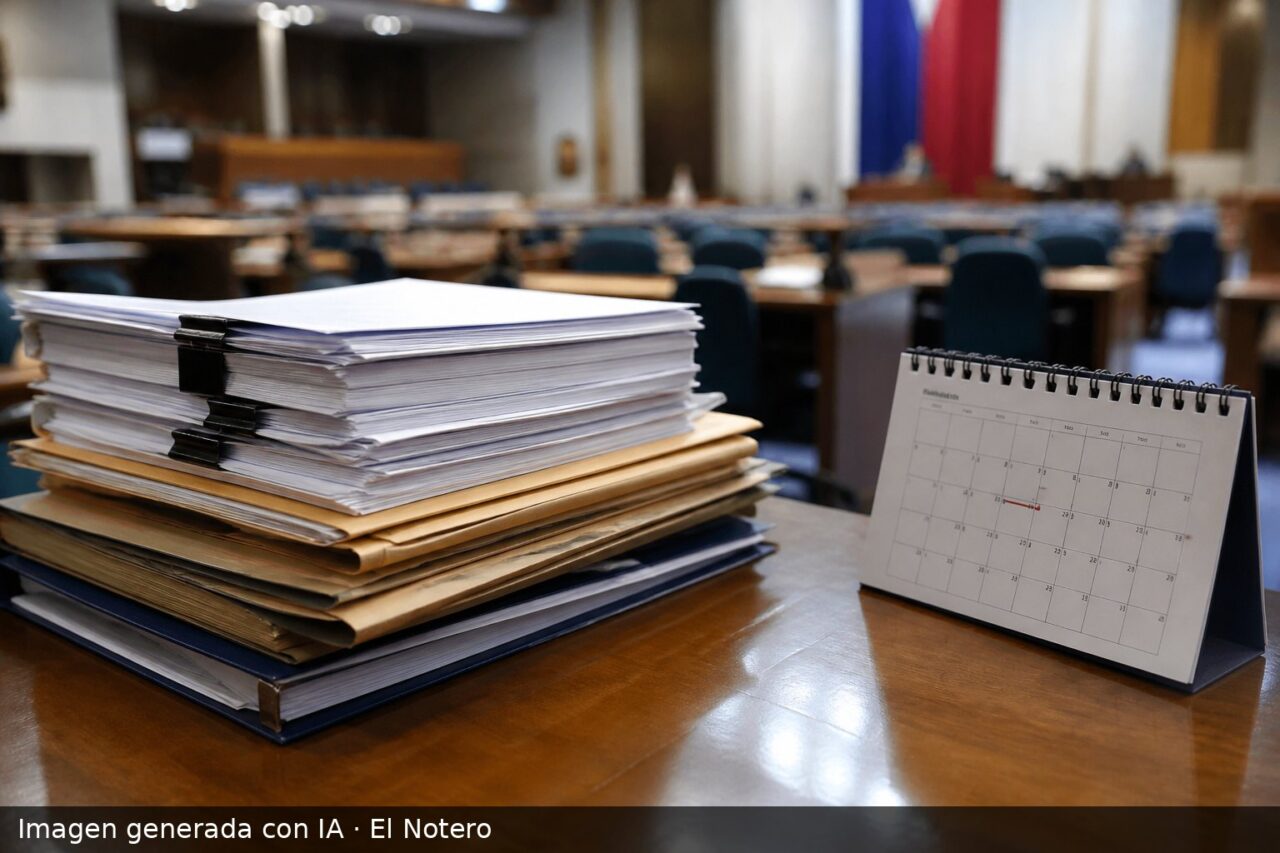 Una pila de expedientes y documentos legislativos sobre un escritorio, con una sala parlamentaria desenfocada al fondo.
