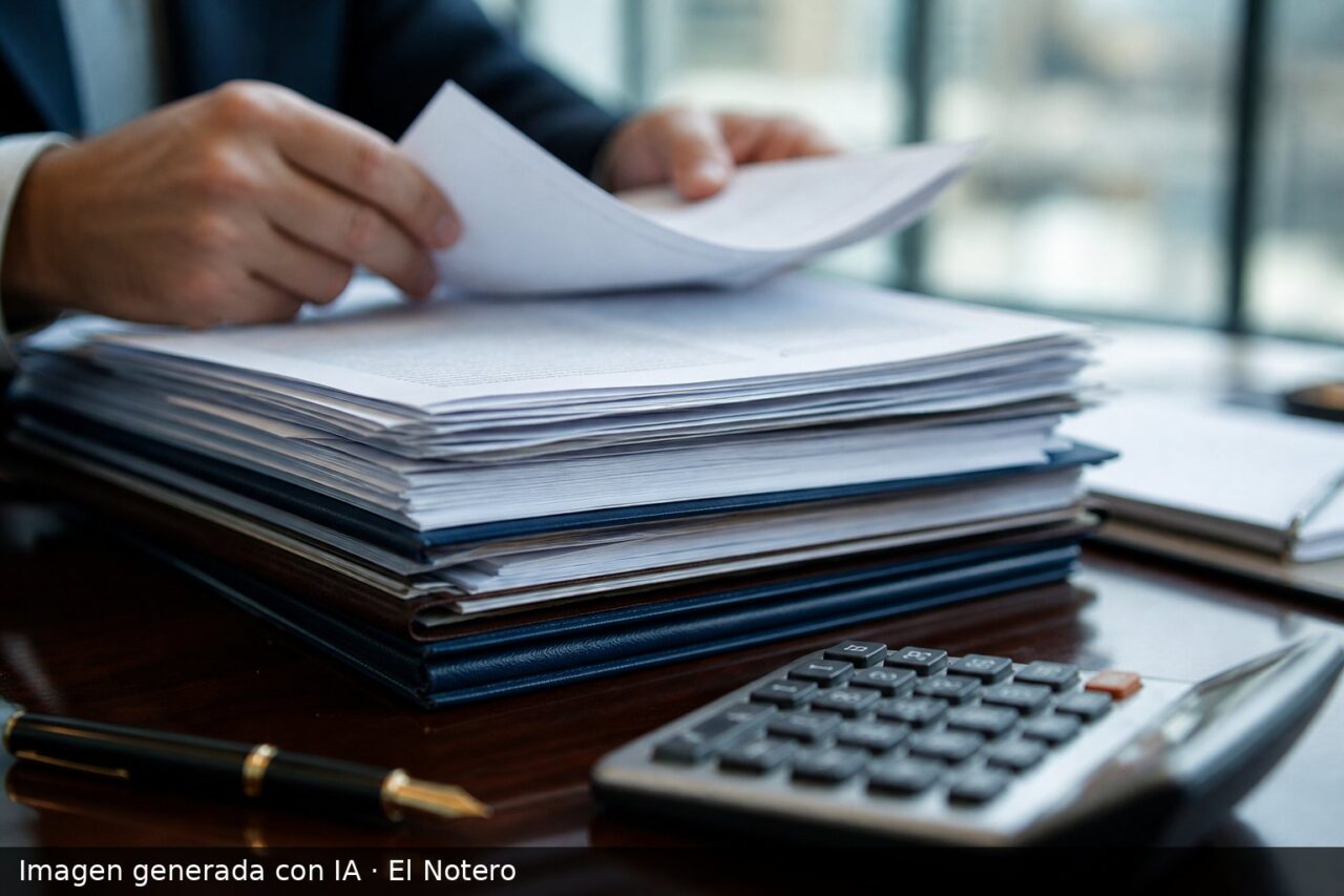 Una pila de documentos oficiales y carpetas sobre un escritorio, con una calculadora y una lapicera al lado, en una escena de oficina sobria.