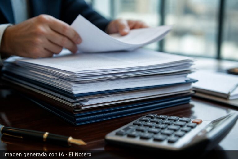 Una pila de documentos oficiales y carpetas sobre un escritorio, con una calculadora y una lapicera al lado, en una escena de oficina sobria.