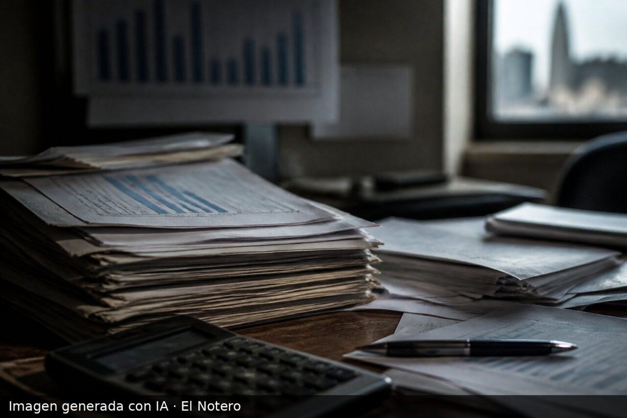 Una pila de informes económicos, una calculadora y planillas de presupuesto sobre un escritorio en una oficina tenue, con una ventana desenfocada al fondo.