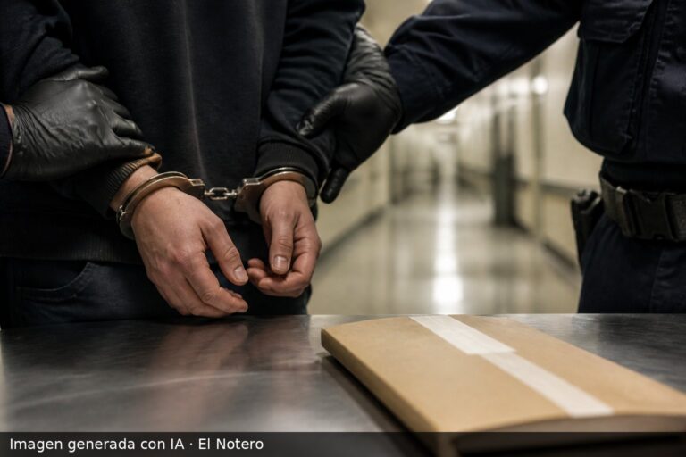 Primer plano de unas muñecas esposadas junto a un legajo cerrado sobre una mesa metálica, con un pasillo de detención desenfocado al fondo.