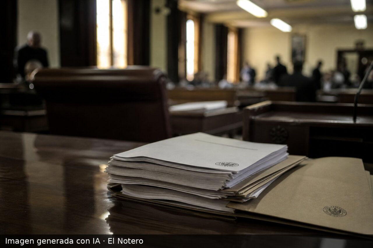 Primer plano de expedientes y borradores legislativos sobre un escritorio dentro de una sala parlamentaria, con una silla vacía y figuras desenfocadas al fondo.