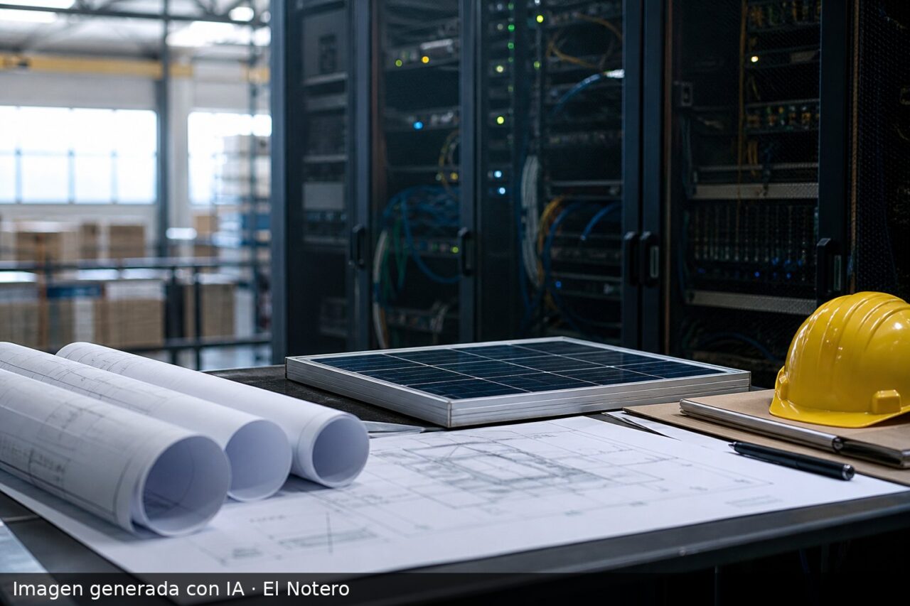 Mesa de planificación industrial con planos, una muestra de panel solar, racks de servidores al fondo y un casco de obra, en un ambiente de oficina técnica.