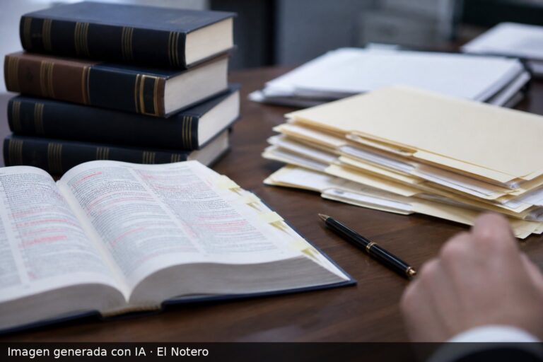 Libros de derecho, un código penal anotado y carpetas legislativas sobre un escritorio, con una mano desenfocada entrando en cuadro.