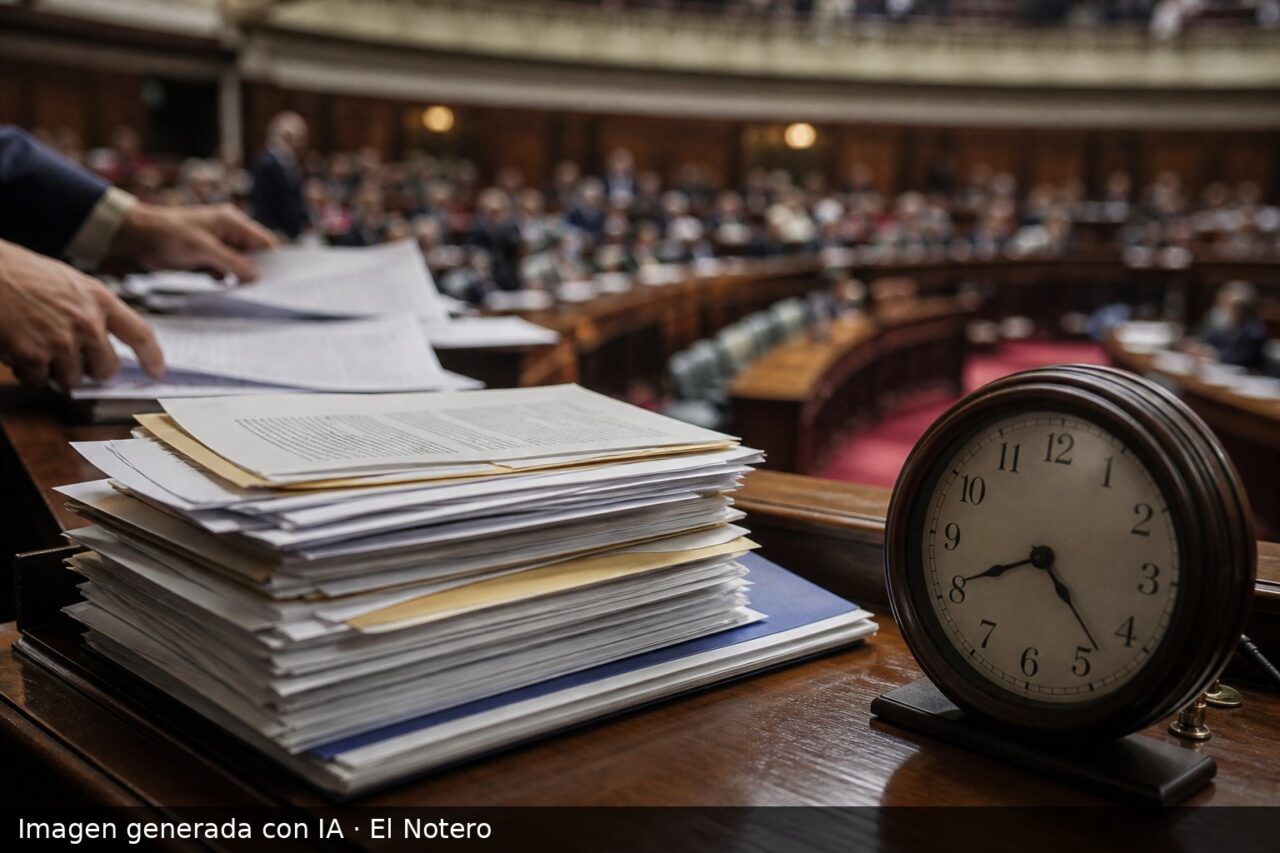 Una pila de documentos laborales junto a un reloj de escritorio, con un recinto parlamentario desenfocado al fondo y manos anónimas acomodando papeles.
