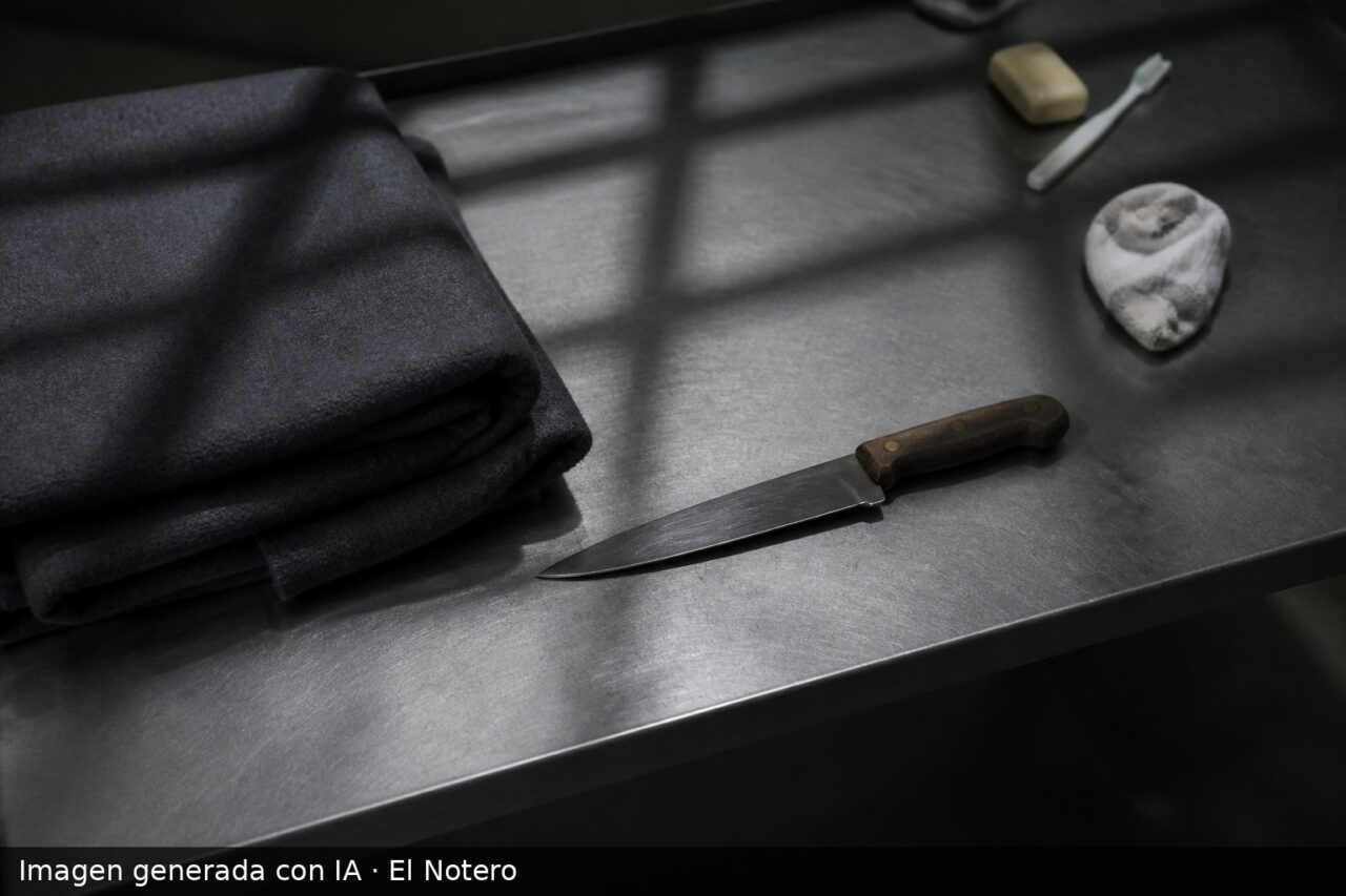 Un cuchillo de cocina sobre una mesa de celda junto a una manta doblada y pertenencias dispersas, con sombras de rejas y luz fría.