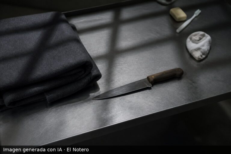 Un cuchillo de cocina sobre una mesa de celda junto a una manta doblada y pertenencias dispersas, con sombras de rejas y luz fría.