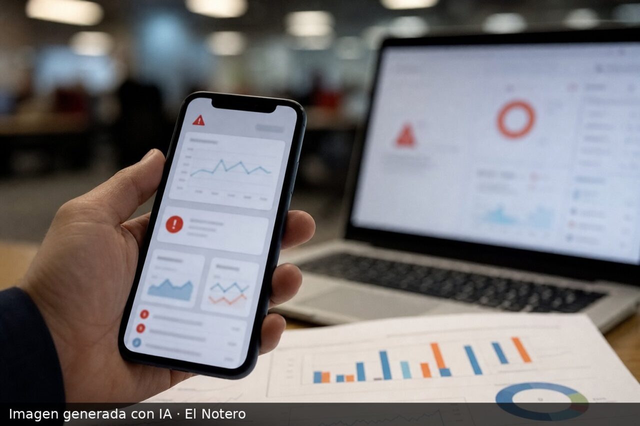 Primer plano de un celular junto a una laptop y papeles con gráficos, en un escritorio de oficina, sugiriendo fallas técnicas y gestión de anuncios digitales.