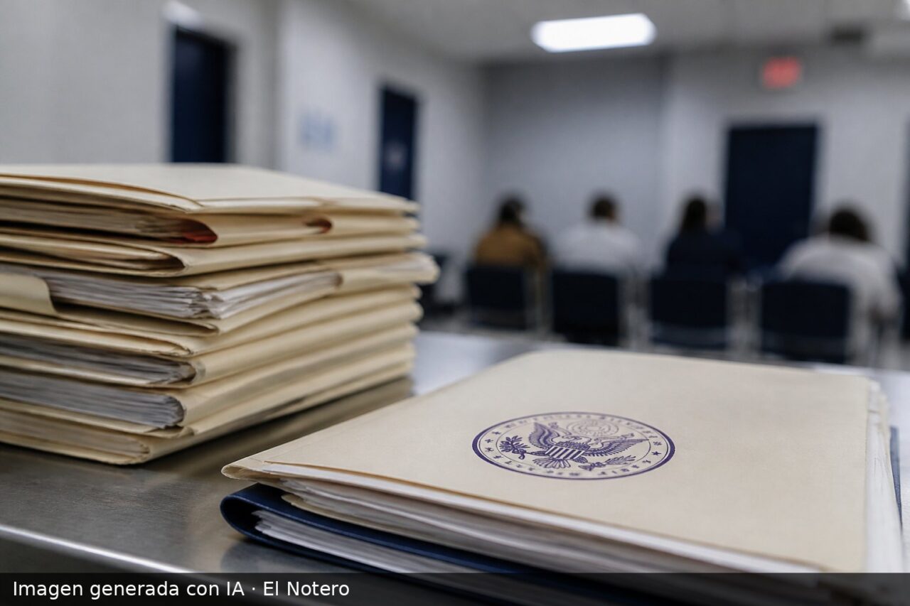 Una pila de expedientes migratorios sellados sobre un escritorio metálico, con una sala de espera desenfocada al fondo.