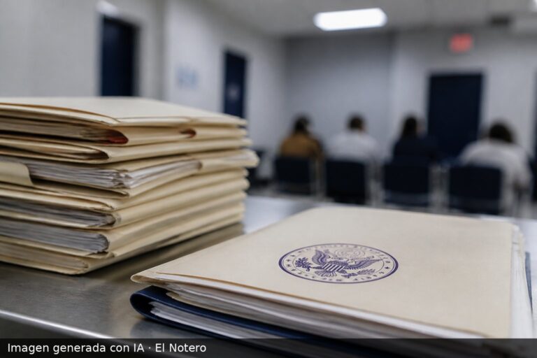 Una pila de expedientes migratorios sellados sobre un escritorio metálico, con una sala de espera desenfocada al fondo.