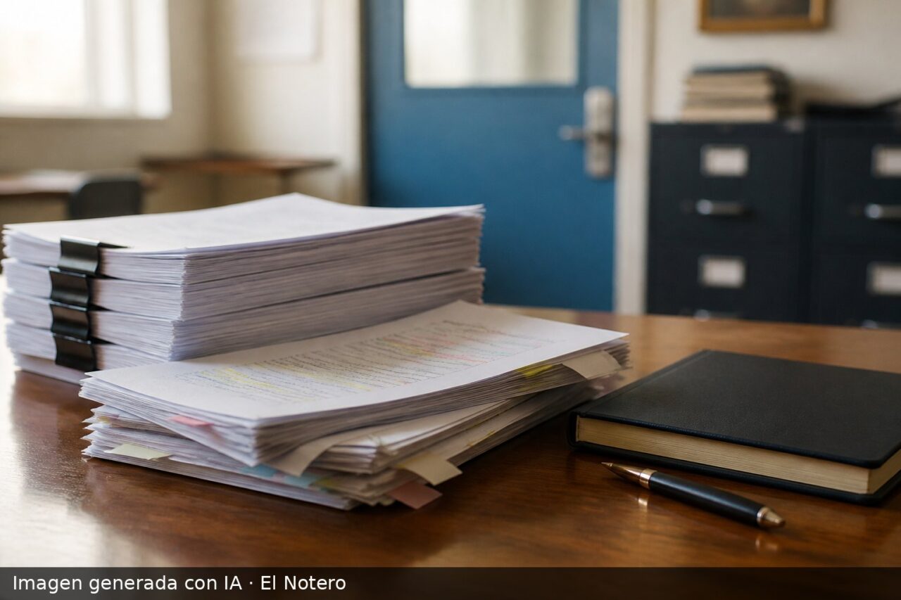 Primer plano de documentos oficiales y borradores de una ley educativa sobre un escritorio, con una escuela desenfocada al fondo.